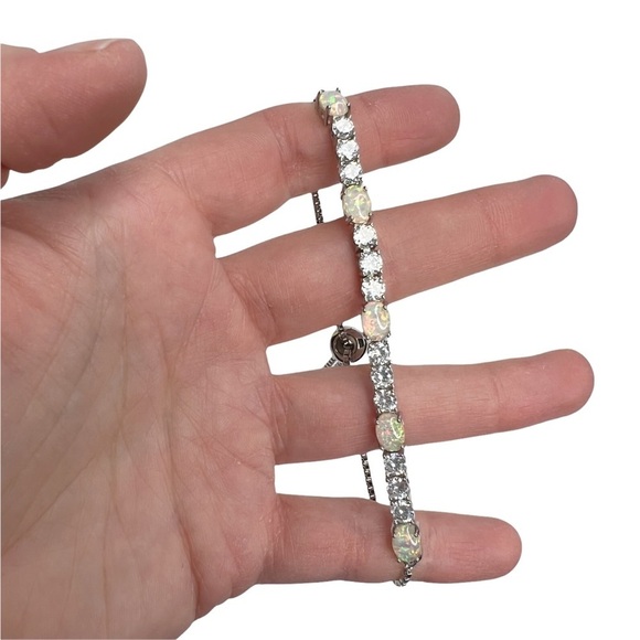 Synthetic Opal and Rhinestone Bolo Slide Lock Silver Tone Bracelet - Picture 2 of 9